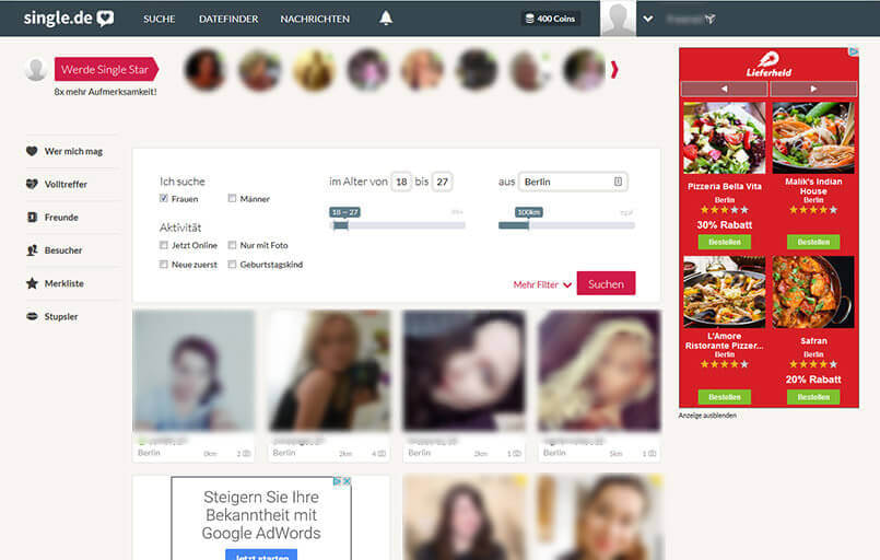 Die Flirtergebnisse bei Single.de: Die Filter sind oben recht einfach dargestellt
