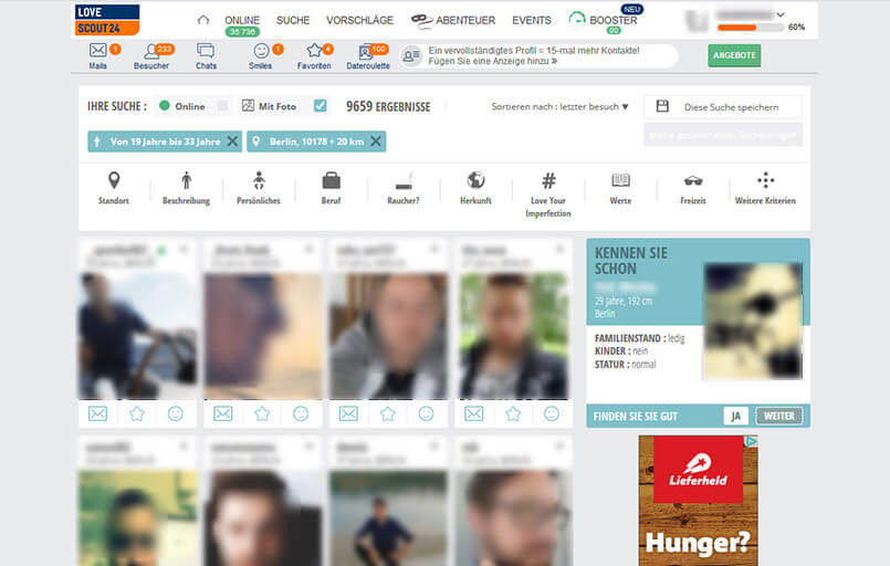 Die Suche bei LoveScout24; gute Filter im oberen Bereich