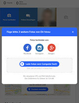 Das Hochladen von Bildern kann über die sozialen Medien wie Facebook, Instagram und Google+ erfolgen, oder direkt vom Rechner