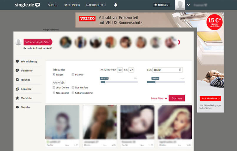 Die Anzeige der Ergebnisse bei Single.de - große Bilder und die Entfernung der Flirtpartner