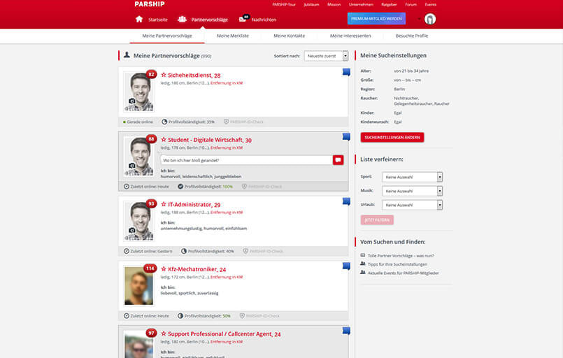 Die Partnersuche bei PARSHIP: Die Anzeige der Suchergebnisse