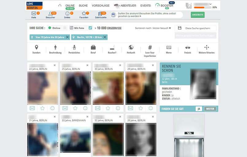 Die Ergebnisanzeige bei LoveScout24 zeichnet sich vor allem durch die großen Bilder aus
